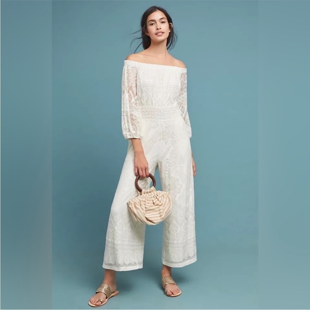 Farm Rio Anthropologie Elliot Ivory Off the Shoulder Elegant Jumpsuit SI… - Picture 3 of 15